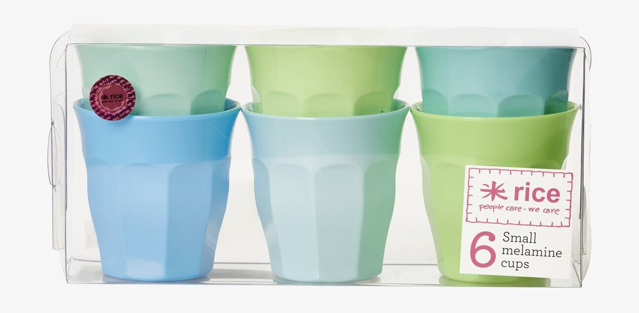 Små Muggar Blå/Grön från Rice i genomskinlig plastlåda