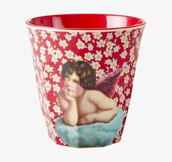 Mugg Angels Red från Rice med ängel- och blomdekorationer