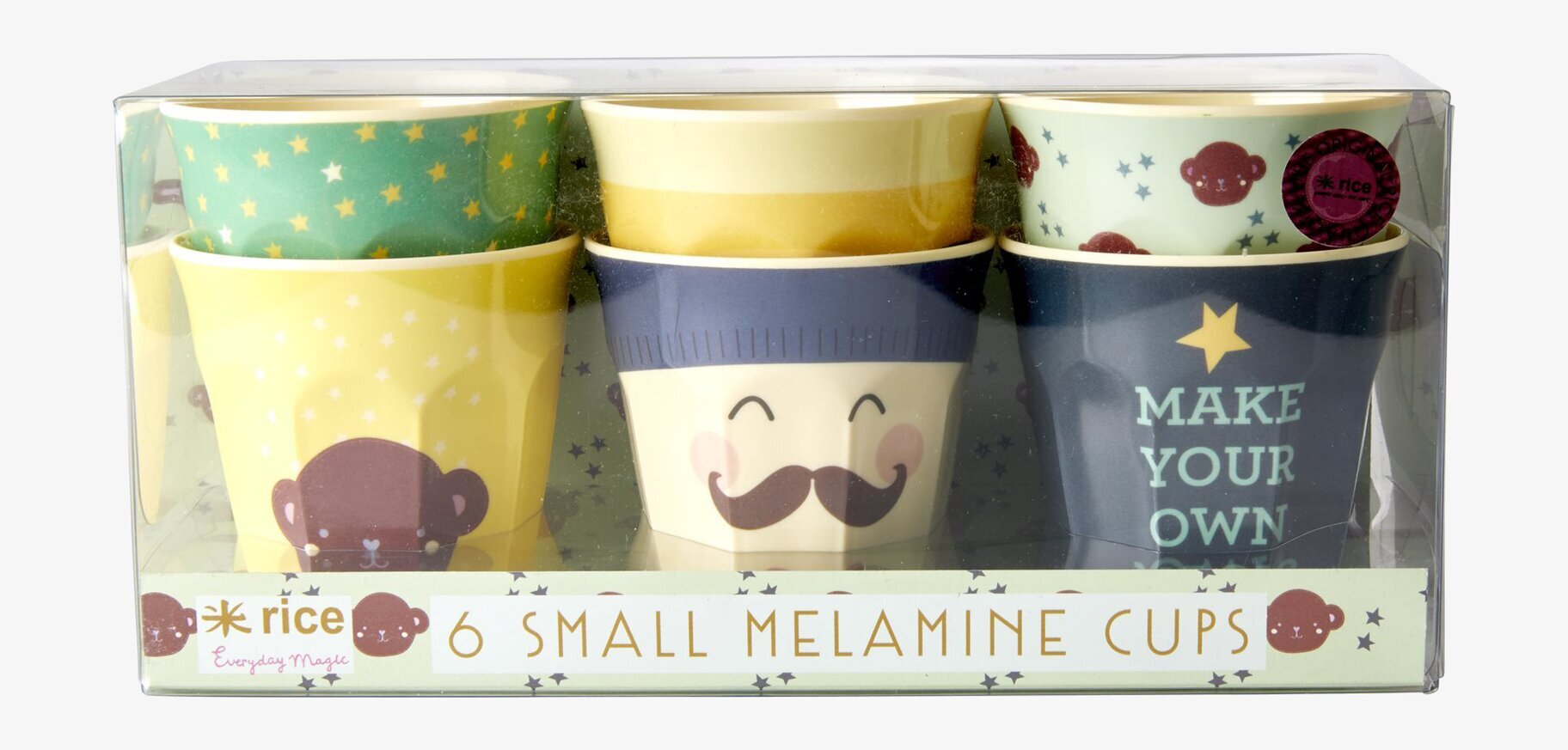 Muggar Monkey Prints från Rice i färgglad plastförpackning