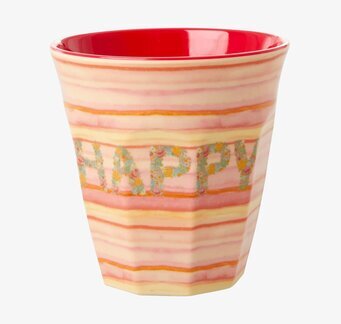 Mugg Happy Pink Print från Rice med färgglada ränder och text