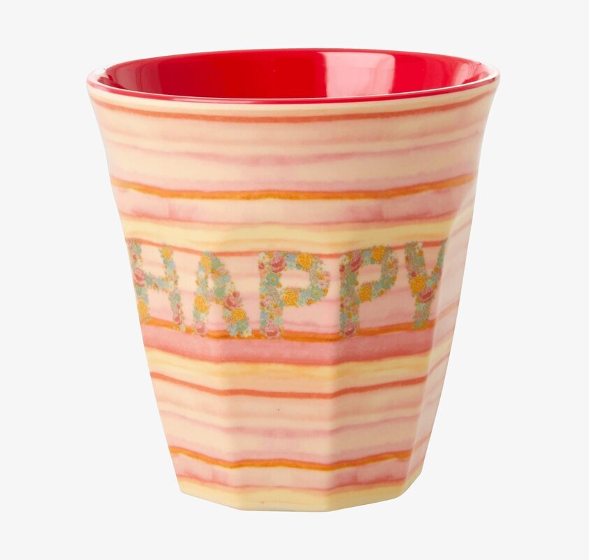 Mugg Happy Pink Print från Rice med färgglada ränder och text