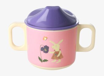 Babymugg Pink Bunny Print från Rice med rosa och lila detaljer