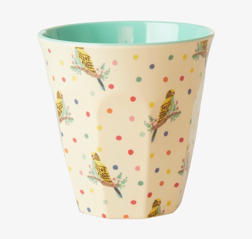 Mugg Budgie Print från Rice med färgglada prickar och undulater