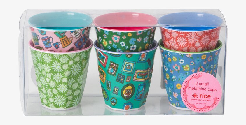 Små muggar - Lekfull från Rice, sex färgglada melaminmuggar