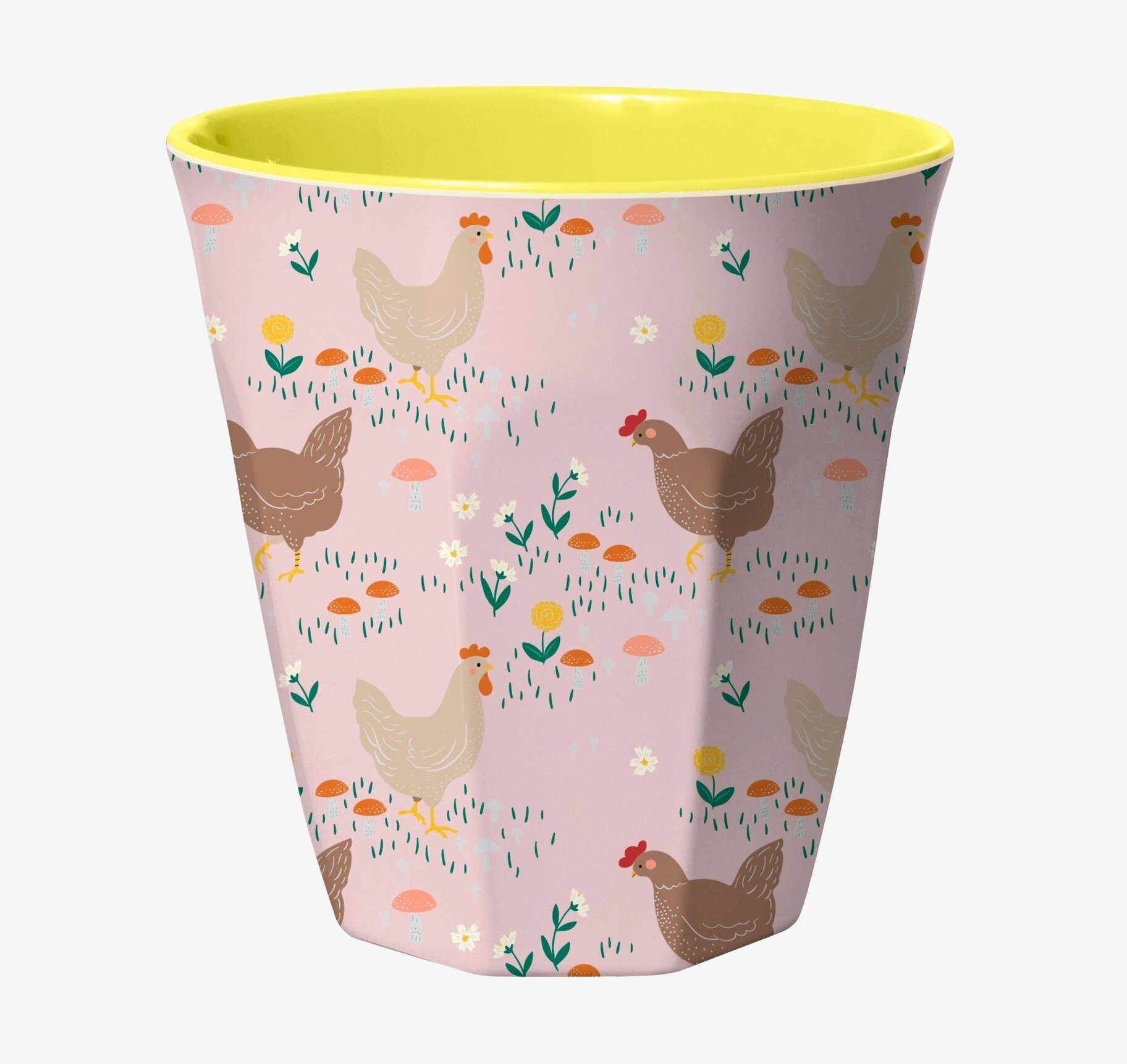 Rice Mugg Soft Pink Hen Print med hönor och gul insida