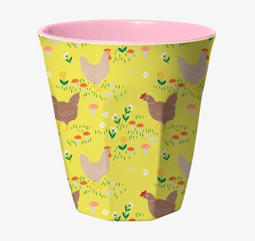 Mugg Soft Yellow Hen Print från Rice med hönor och blommor