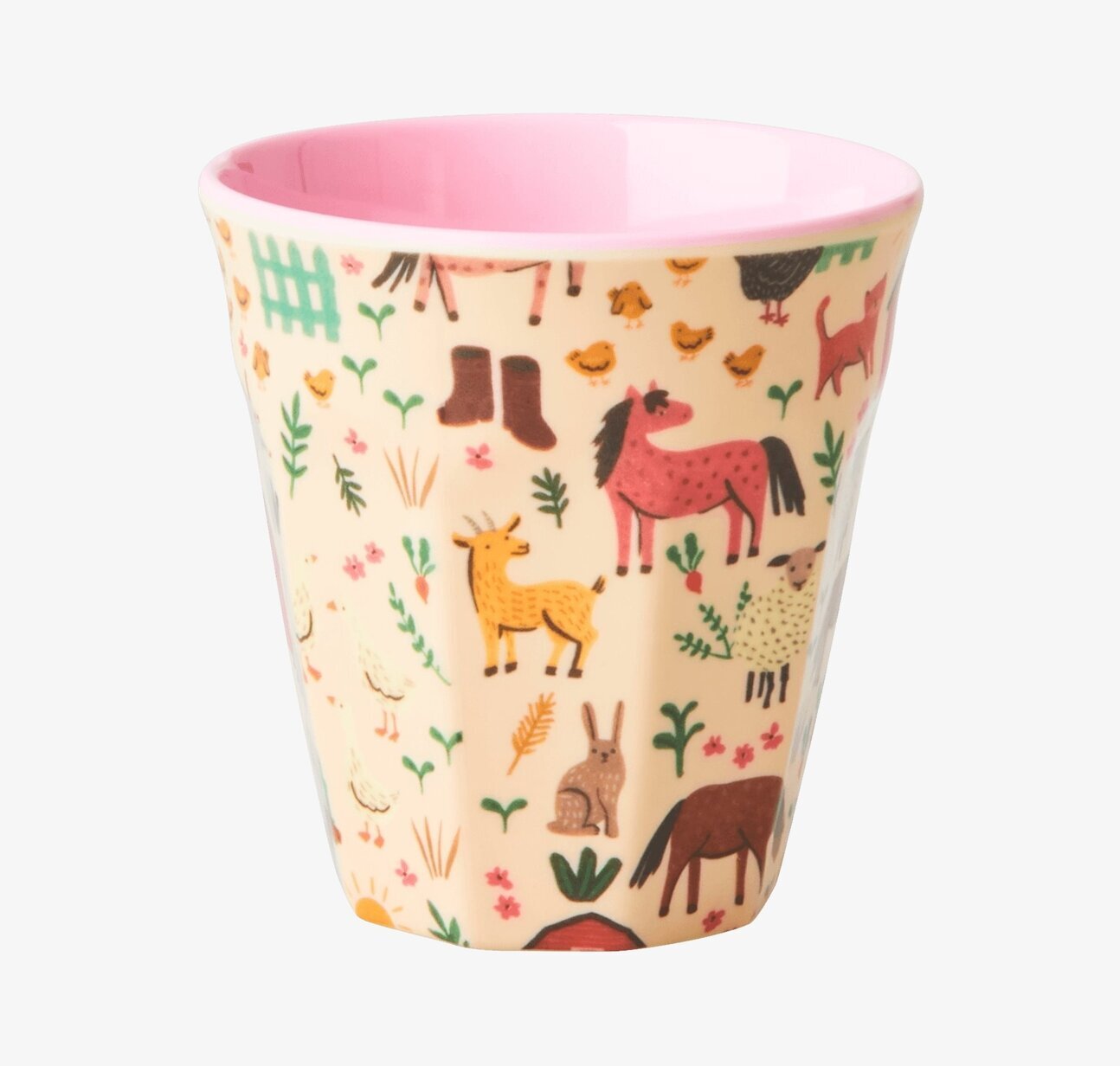 Barnmugg Soft Pink Farm Print från Rice med lantligt mönster