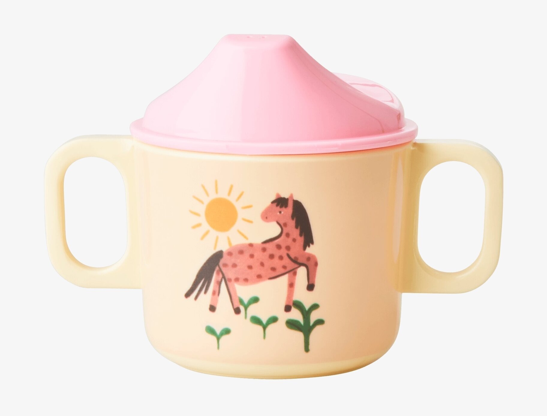 Babymugg Soft Pink Farm Print från Rice med bondgårdsmotiv