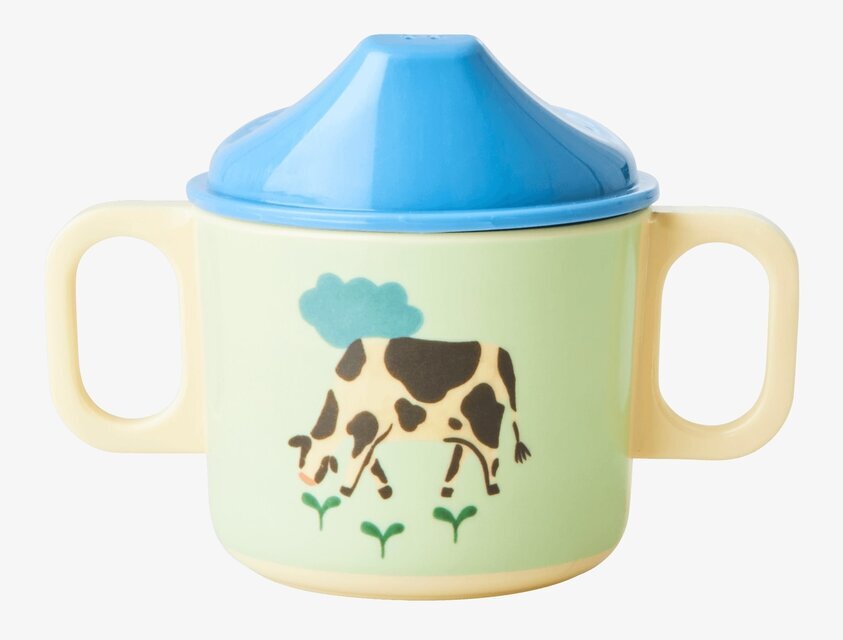 Babymugg Blue Farm Print från Rice med ko och blått lock