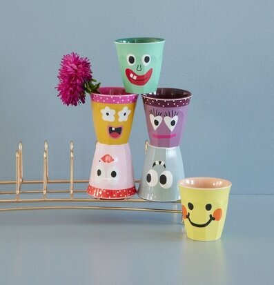 Små Muggar 6-Pack Face Print Rice Melaminmuggar Lattemuggar i melamin Melaminkoppar