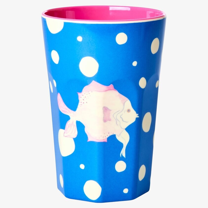 Mugg Latte Fish Blue Print från Rice i blått med fiskmotiv