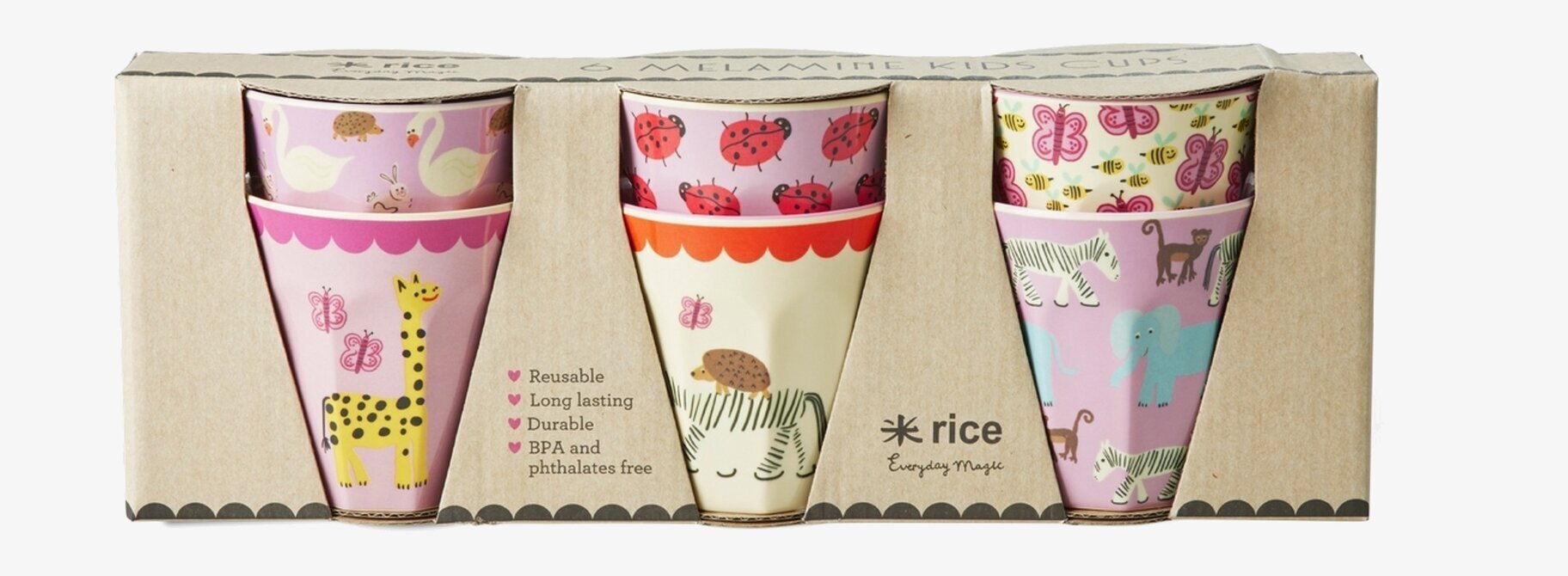 Bild på sex färgglada melaminmuggar med djurmotiv för barn