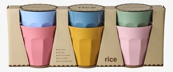 Bild på färgglada melaminmuggar i sexpack med unik design