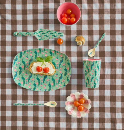 Bild ovanifrån av dukat bord med färgglada melaminprodukter