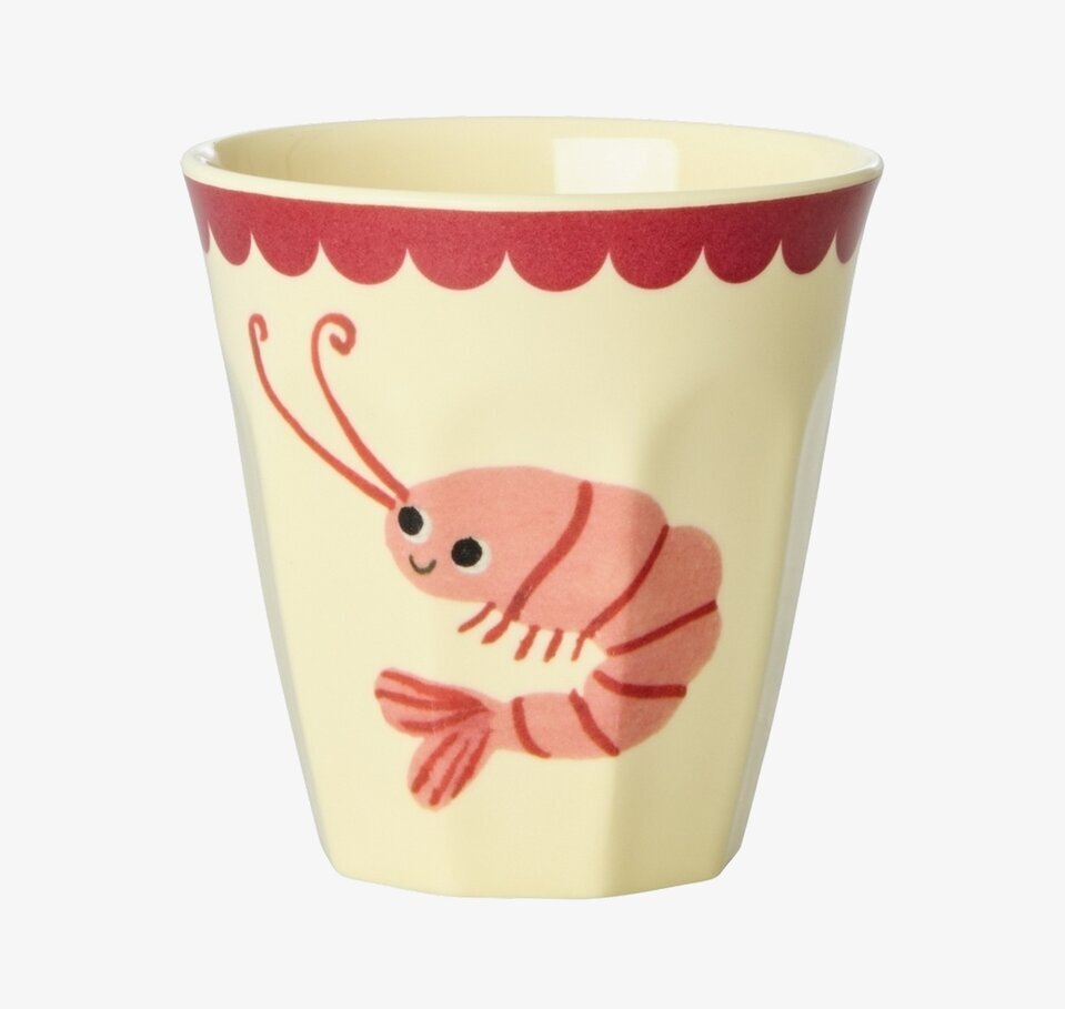 Bild på liten melaminmugg med röd räka och scallopkant