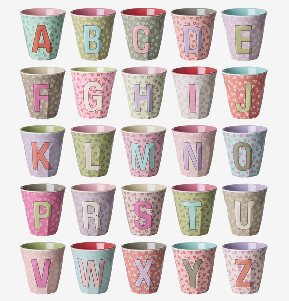 Melaminmugg Alphabet Flowers Rice Melaminmuggar Lattemuggar i melamin Melaminkoppar