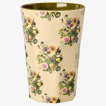 Foto: Melaminmugg latte, olivgrön insida, blommor
