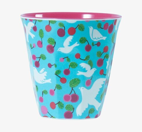 Mugg Blå Med Duvor från Rice med färgglada duvor och körsbär