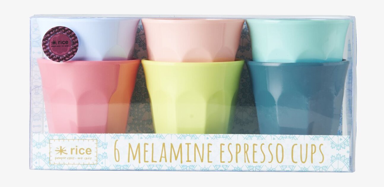 Espressomuggar Shine från Rice i sex färger på vit bakgrund