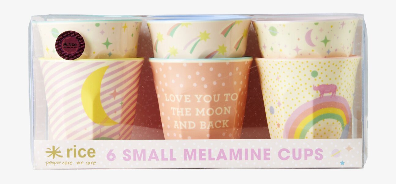 Rice Muggar Girls Universe Print, set med sex melaminmuggar